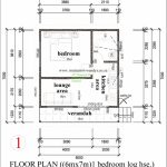 Floor plan for a 1-bedroom log house measuring 6m by 7m. The layout includes a verandah entrance, leading into a lounge area and kitchen. The single bedroom is adjacent to a compact bathroom. The design provides labeled dimensions for each area, clearly showing the efficient use of space in this small log house.