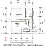 Floor plan for a 1-bedroom log house measuring 6m by 7m. The layout includes a verandah at the entrance, leading into a lounge area and a kitchen area. The single bedroom is adjacent to a bathroom, providing a compact yet functional living space. The plan includes labeled dimensions and areas, giving a clear view of the room arrangement within the small footprint.