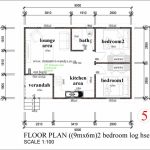 Floor plan for a 2-bedroom log house measuring 9m by 6m. The layout includes a verandah leading into a lounge area and kitchen. Two bedrooms are positioned along a central corridor, with a shared bathroom near bedroom 2. Both bedrooms feature built-in wardrobes. The plan includes detailed dimensions and labels for each section, offering a clear overview of the space distribution.