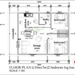 Floor plan for a 2-bedroom log house measuring 10m by 7m. The layout includes a verandah leading into a lounge area, dining area, and kitchen. Two bedrooms are accessible from a central passage, with a shared bathroom near bedroom 2. Both bedrooms feature built-in wardrobes. The plan includes labeled dimensions and sections, clearly detailing the room layout and functionality of each area.