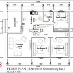 Floor plan for a 3-bedroom log house measuring 12m by 9m. The layout includes a verandah at the entrance, leading to a lounge area, dining area, and kitchen. Three bedrooms are accessible from a central passage, with a shared bathroom near bedroom 1. Bedrooms 2 and 3 feature built-in wardrobes. The design shows detailed dimensions and labeled areas, offering a clear view of the room arrangement and flow of the house.