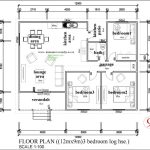 Floor plan for a 3-bedroom log house measuring 12m by 9m. The layout includes a verandah leading into a lounge area, dining area, and kitchen. Three bedrooms are arranged along a central passage, with a shared bathroom near bedroom 1. Bedrooms 2 and 3 feature built-in wardrobes. The design includes labeled dimensions and sections, providing an organized view of the house's spatial arrangement.