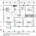 Floor plan for a 3-bedroom log house measuring 13m by 9m. The layout features a verandah at the entrance leading into a lounge area, dining area, and kitchen. Three bedrooms are accessible from a central passage, with a shared bathroom near bedroom 1. Bedrooms 2 and 3 have built-in wardrobes. The design includes labeled dimensions and areas, providing a clear overview of the spatial arrangement.